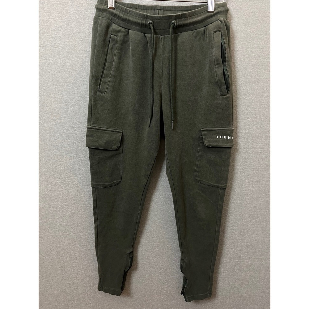 YoungLA Mens Olive Green Cargo Jogger Sweatpants Slim Fit Zipper Ankle Small